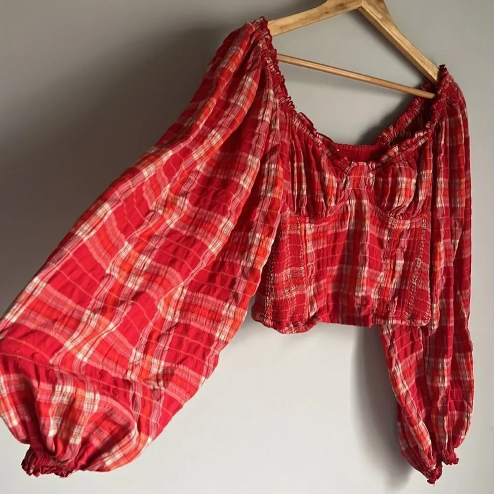 Free People Cherry Bomb Balloon Sleeve Top View 6